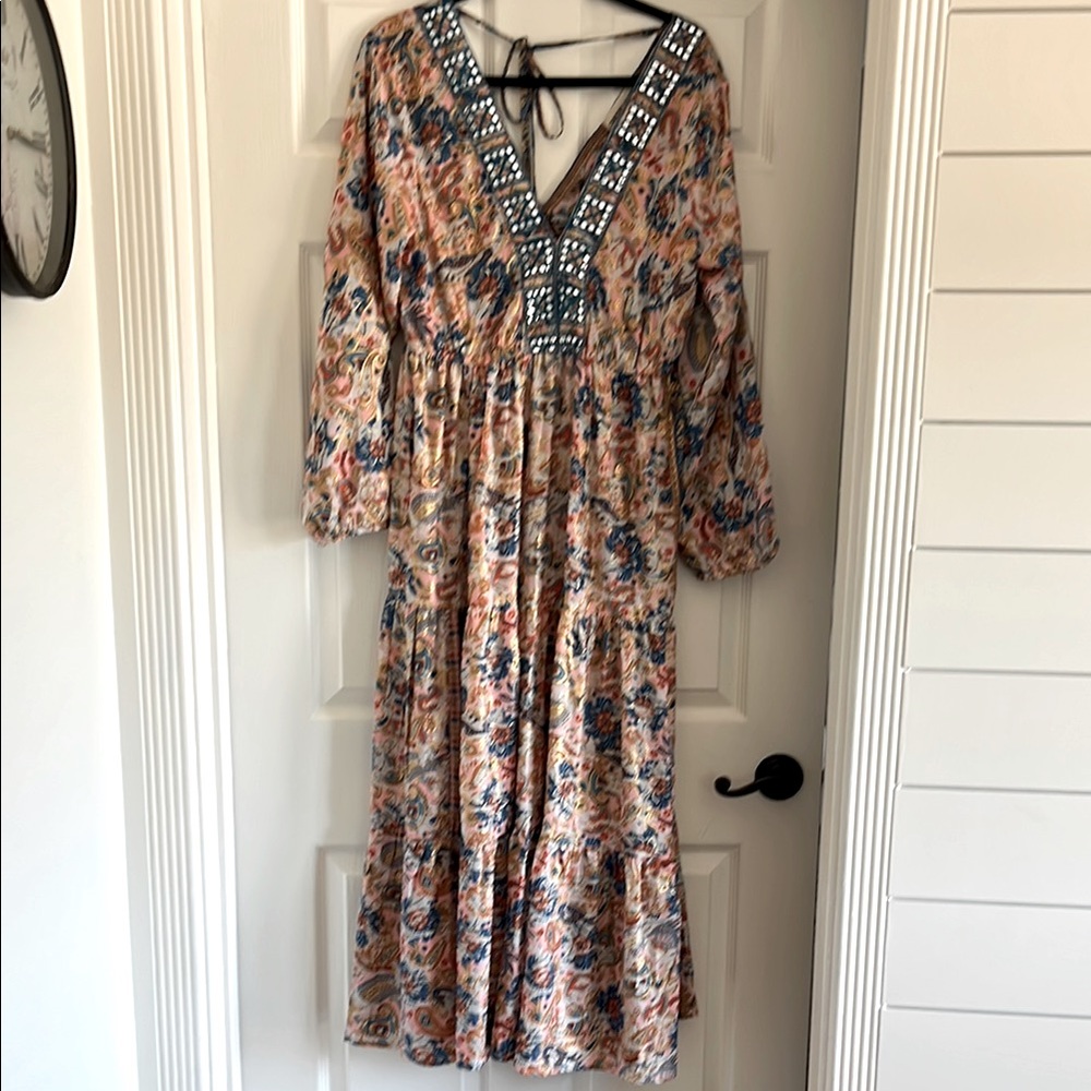 Dress Naoo Indian Orange and Pink Long Sleeve V-Neck Sundress NEW